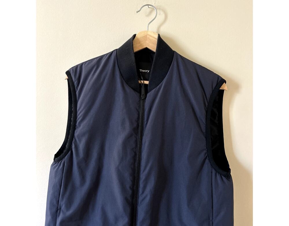 Navy Blue Black Collar Theory Sleek Puffer Vest Stand Collar in Poly Men's Small